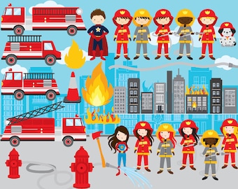 Firemen clipart fire engine clip art firefighters fire truck female girls boys male landscape city burning for personal commercial use