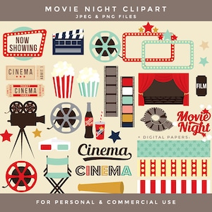 Película noche clipart - película clip art cine retro clipart vintage teatro palomitas de cine carrete de cine papeles digitales marcos película TV