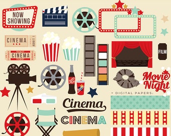Movie night clipart - movie clip art cinema retro clipart vintage theatre theater popcorn cinema film reel digital papers frames film TV