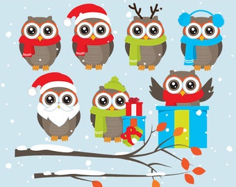 Christmas owl clip art - Christmas owls clip art branch holiday branches winter Santa reindeer owl hat Xmas festive cute whimsical presents