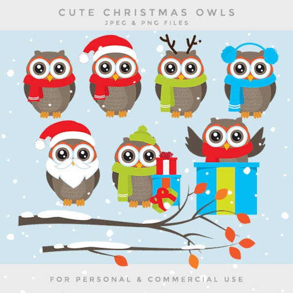Christmas owl clip art - Christmas owls clip art branch holiday branches winter Santa reindeer owl hat Xmas festive cute whimsical presents