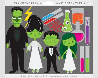 Halloween clipart - Frankenstein clip art, mad Scientist, Hallowe'en clipart, chemistry set, science kit, beakers, test tubes, laboratory