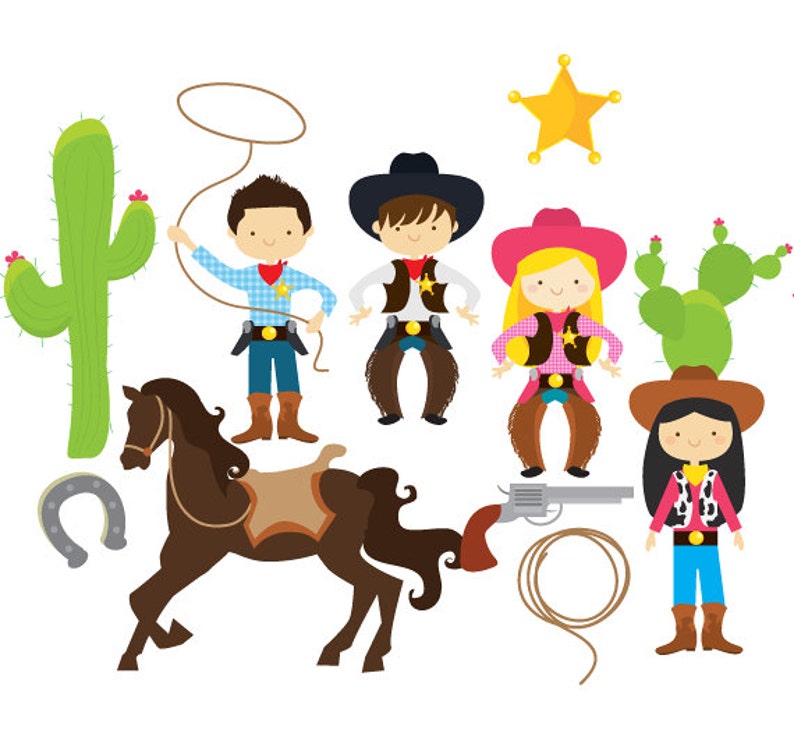 Wild west clipart cowboy clip art, cowgirls, cowboys, horse, lasso, cactus, sheriff badge, background, for personal and commercial use zdjęcie 3