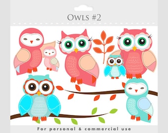 Owls clipart - whimsical owls, baby owls, birdies, branch, tree branch, leaves, cute, pink, blue, birds, for personal and commercial use