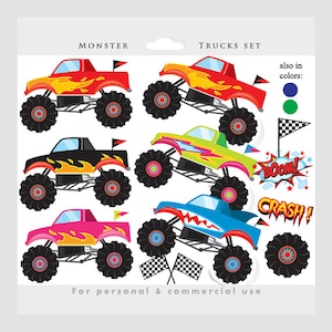 Monster trucks clipart - camion clipart, rosa, blu, fuoco, rosso, ragazzi, clip art digitale, download istantaneo, per uso personale e commerciale