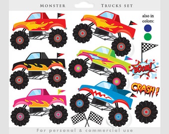 Monster trucks clipart - trucks clip art, pink, blue, fire, red, boys, digital clip art, instant download, for personal and commercial use