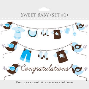 Baby clipart blue brown baby clip art pregnancy clip art nursery clipart sweet,birds baby clothes clothesline Congratulations digital image 2