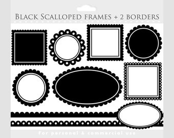 Black scalloped frames clipart - square, circle, oval, borders, frames for collages, digital scrapbooking for personal and commercial use