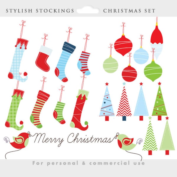 Christmas stockings clipart  - Christmas clip art, stocking, elf socks, trees, ornaments, red green blue, whimsical, personal commercial use