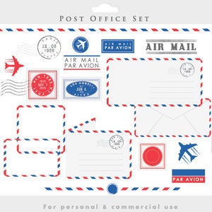 Postkantoor clipart - postzegels mail clip art postelementen verzendkosten luchtpost door avion vintage brieven grenzen frames vliegtuig postkantoor