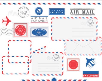 Post office clipart - stamps mail clip art postal elements postage air mail par avion vintage letters borders frames plane post office