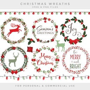 Christmas clipart Christmas wreaths clip art deer Christmas lights holly berries branches red green festive holiday poinsettia winter