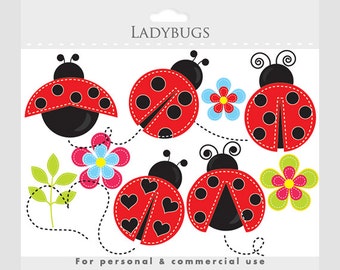 Ladybug clipart - stitched ladybugs clip art, lady bugs, cute, whimsical, insects, bugs, buggy, flowers, leaves, floral