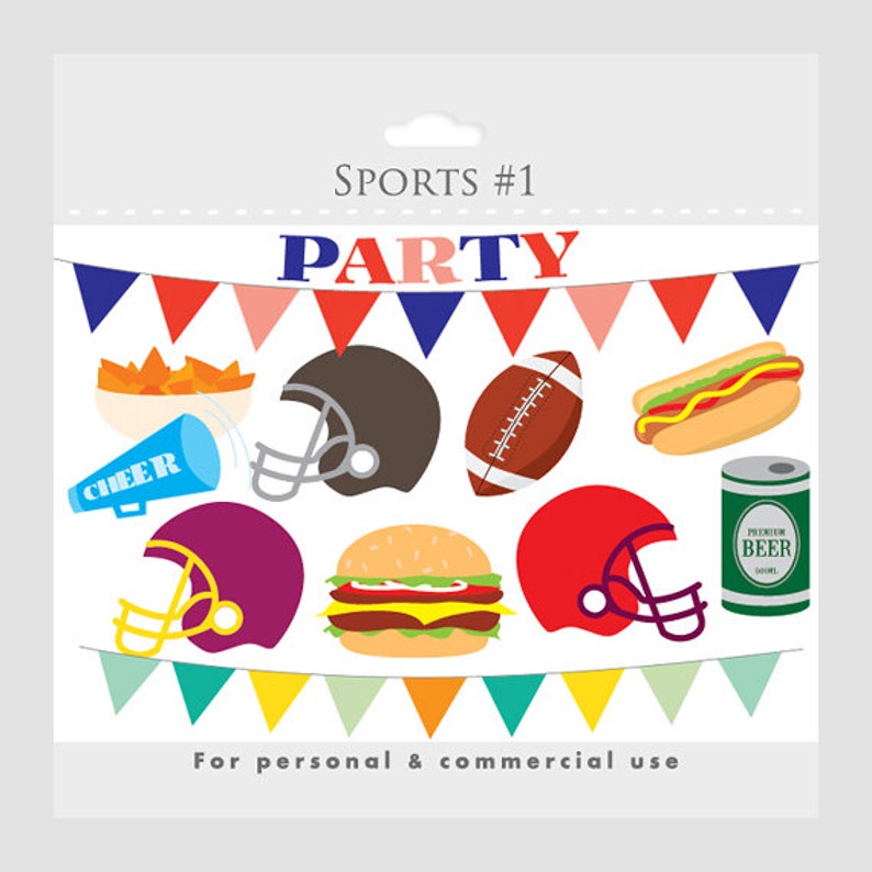 Fotbollsfest clipart - fotbollsclipkonst, fotboll, fotbollsclipart, vevlagerbanderoll, hjälmar, varmkorv, hamburgare, nachos, öl, snacks bild 1