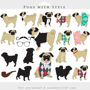 Mops Clipart - Hund ClipArt - Hund Clip Art whimsical Puppies Puppy, niedlich, Hochzeit, Doggies Tux Tutu Mops Silhouette Moustache Brille elegant kommerzielle Nutzung