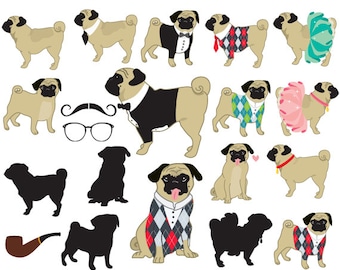 Pugs clipart - dog clip art whimsical puppies puppy, cute, wedding, doggies tux tutu pug silhouette moustache glasses elegant commercial use