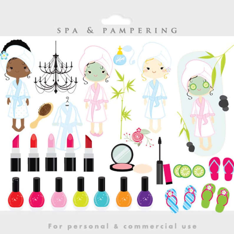 May include: A set of spa and pampering themed digital clipart featuring three girls in robes, a chandelier, a robe, a hairbrush, lipstick, nail polish, a mirror, a makeup sponge, cucumber slices, flip flops, and bamboo.