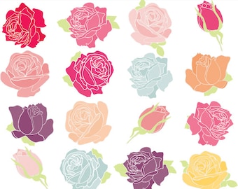 Roses clipart - floral clipart flowers hand-drawn handdrawn pink blue yellow purple shabby for personal commercial use chic roses romantic