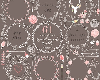Wreath clip art - hand drawn wreath clip art digital handdrawn floral wedding clipart pink shabby romantic branches leaf woodland chic fauna