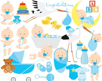 Baby clipart baby clip art baby boy baby shower pregnancy birth stork blue bath rubber duck toys baby bottle one-piece commercial use