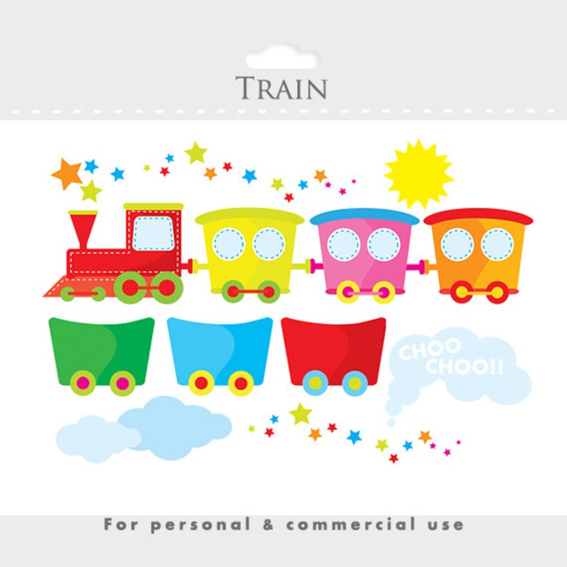 May include: A colorful train with a red engine, yellow, pink, and orange cars, and a green, blue, and red box car. The train is surrounded by stars and a sun. The text "TRAIN" and "CHOO CHOO!" are also included.