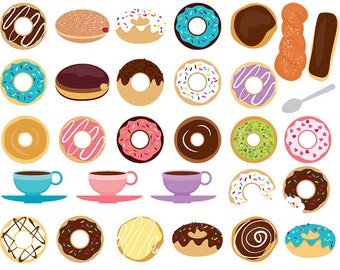 Clipart de café e donuts - clipart de donut, granulado, chocolate, glacê, clipart digital para scrapbookings, padaria, doces, comida