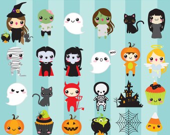 Halloween söt clipart - kawaii clipart söt nyckfull vampyr häxa zombie svart katt mumie hemsökt hus pumpor skelett spöke