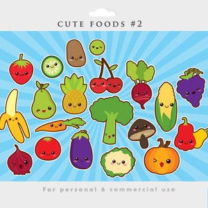 Kawaii clipart - linda imagen prediseñada de alimentos verduras japonesas fruta brócoli pepino patata cereza rábano fresa fondos de uva comerciales