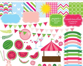 Watermelon clipart - watermelon clip art, summer, fruit, spring, Easter party, shop stand, frames, papers, pink, green, bunting commercial
