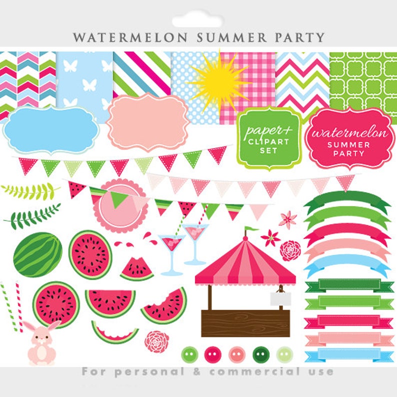 Watermelon clipart watermelon clip art, summer, fruit, spring, Easter party, shop stand, frames, papers, pink, green, bunting commercial image 1