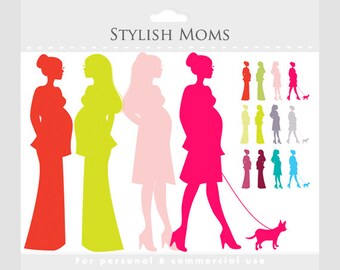 Clipart mamá embarazada - mamás elegantes, imágenes prediseñadas de embarazo elegantes, damas embarazadas, fashionistas, chicas, elegantes, mujeres, clipart para baby showers
