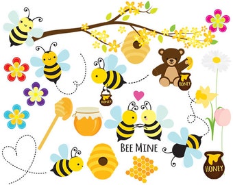 Bees clipart - honey bees clip art, spring bumblebees whimsical flowers springtime, honey clipart for personal and commercial use
