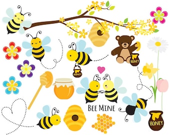 Bees clipart - honey bees clip art, spring bumblebees whimsical flowers springtime, honey clipart for personal and commercial use