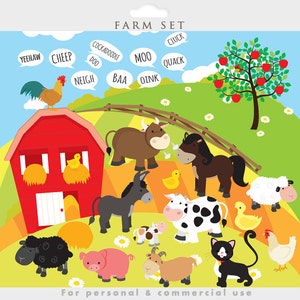 Farm animals clipart - farm clip art, animal farm, animals, cow, pig, goat, sheep, farmhouse, farm house, fields, background, duck, chicken