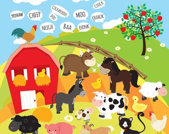 Farm animals clipart - farm clip art, animal farm, animals, cow, pig, goat, sheep, farmhouse, farm house, fields, background, duck, chicken