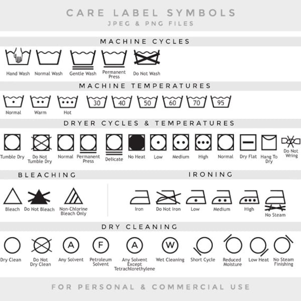 Care label clip art laundry symbols clipart - textile care laundry icons washing drying dry clean bleach washing guide commercial use