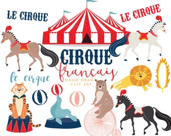 Clip art de cirque dessiné à la main - français cirque clipart lion tigre phoque chevaux portent cirque français fantaisiste pour un usage personnel et commercial
