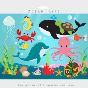 Sob o oceano - clipart do mar, peixes, algas marinhas, golfinhos, baleias, águas-vivas, estrelas do mar, conchas, corais, polvos, tesouros, tartarugas pérolas, caranguejos