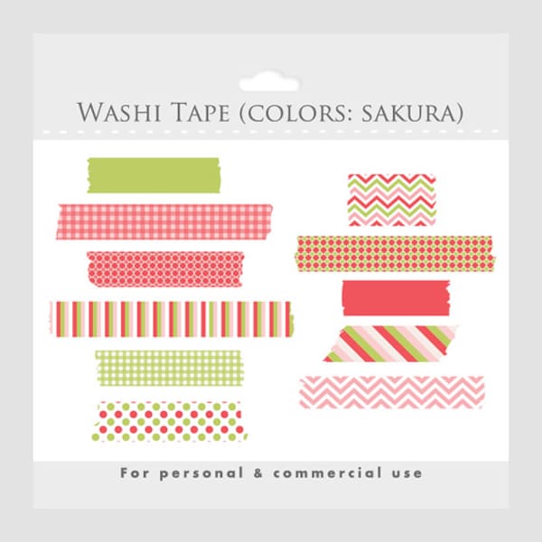 Washi tape clipart - clip art, masking tape, Japanese tape, cherry tree flower color tones, pink, green, sakura, chevron