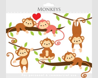 Monkey clipart - whimsical monkeys clip art, cute monkeys, jungle clipart, animals, nursery clipart for personal and commercial use