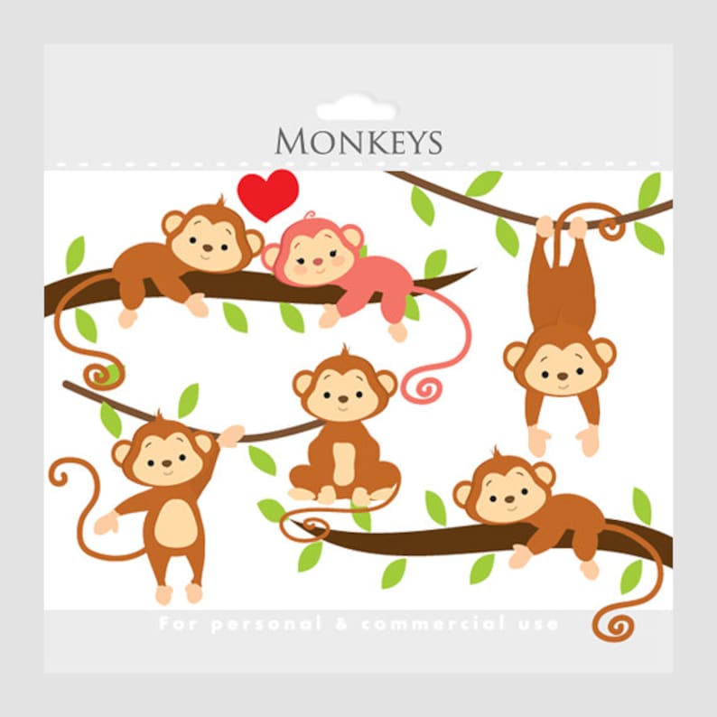 May include: A set of six cartoon monkey illustrations, each monkey is in a different pose on a branch with green leaves. The text "MONKEYS" is at the top of the image. The text "For personal & commercial use" is at the bottom of the image.