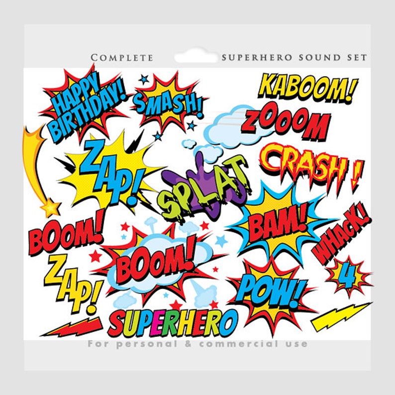 Superhero clipart comic book clip art, super heroes, cityscape, sounds, sayings, super hero, pow, wham zap for personal and commercial use image 1