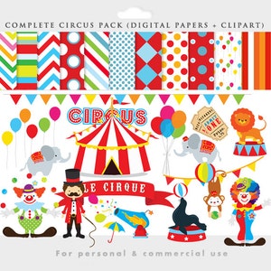 Circus clipart - circus illustraties, leeuw, olifanten, clowns, leeuw tamer, zegel, ballen, circus digitale papieren voor persoonlijk en commercieel gebruik