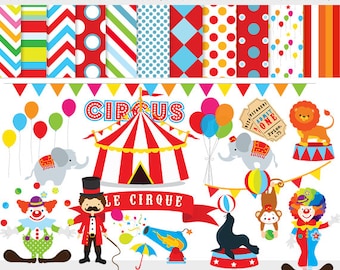 Circus clipart - circus clip art, lion, elephants, clowns, lion tamer, seal, balls, circus digital papers for personal and commercial use