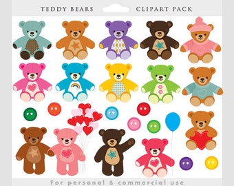 Teddy bear clipart - teddies clip art, cute, bears, valentine's day, baby bears, plushie, digital, for personal and commercial use