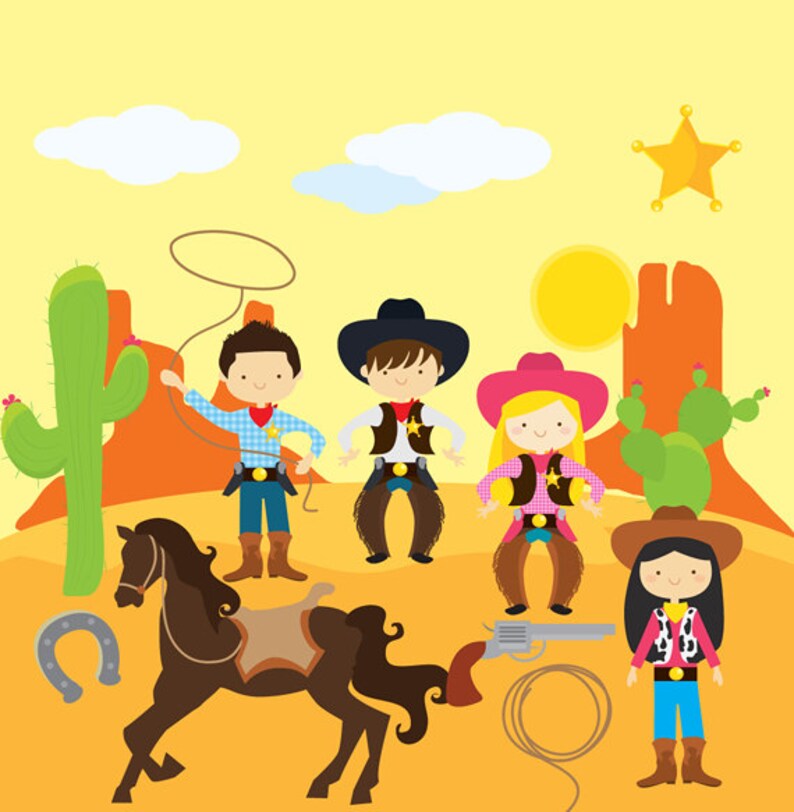 Wild west clipart cowboy clip art, cowgirls, cowboys, horse, lasso, cactus, sheriff badge, background, for personal and commercial use zdjęcie 4