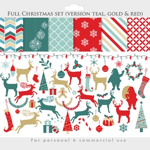 Christmas clipart and papers - reindeer clip art, digital papers, festive, red, gold, teal, blue, Christmas trees, deer, reindeer, Santa,