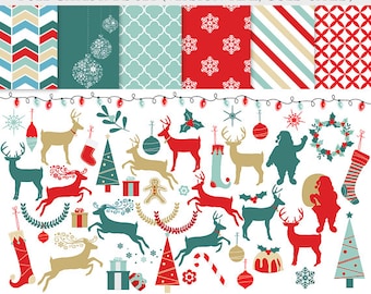 Christmas clipart and papers - reindeer clip art, digital papers, festive, red, gold, teal, blue, Christmas trees, deer, reindeer, Santa,