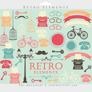 Retro clipart - vintage clip art typewriter bicycle bikes lamps skeleton key bird cage birdcage antique elements personal commercial use