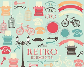 Retro clipart - vintage clip art typewriter bicycle bikes lamps skeleton key bird cage birdcage antique elements personal commercial use